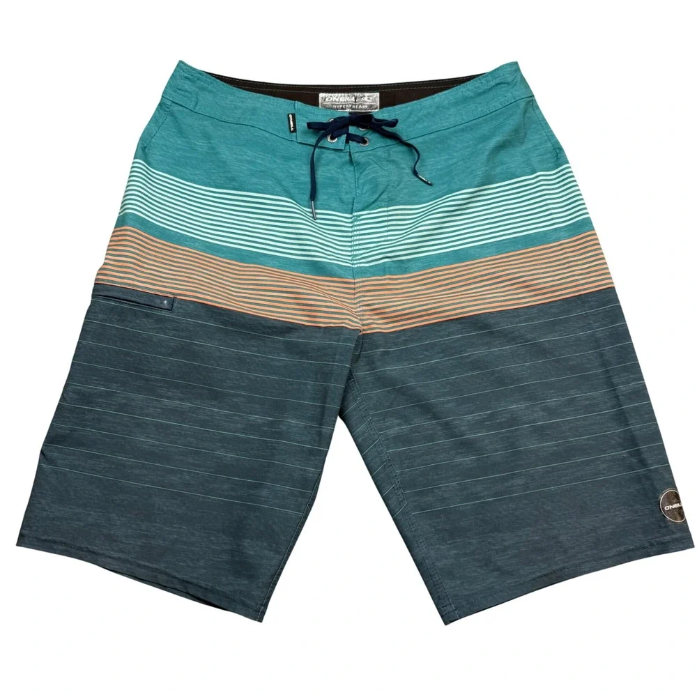 ONeill Hyperfreak Mens Board Shorts Teal Charcoal Striped Size 30 SP0106011